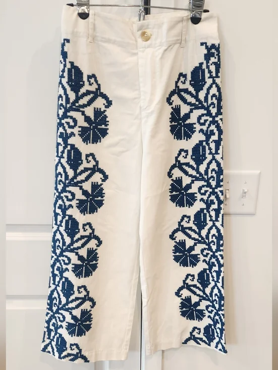 Anthropologie White Pants with Blue Embroidered Trim - Picture 1 of 7
